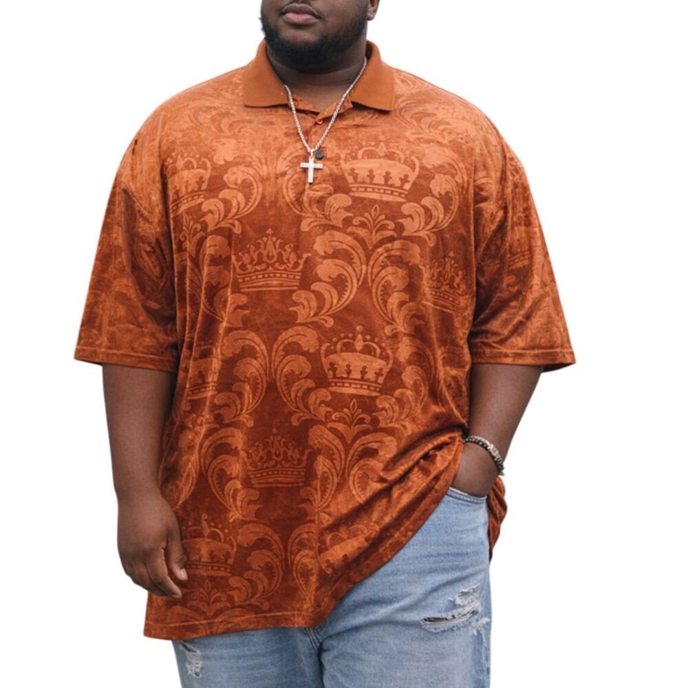 Above Man Men's 3XL Burnt Orange Velvet Paisley Crown Polo Streetwear 70s Retro